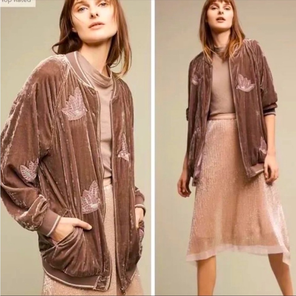 Anthropologie Hei Hei West End Velvet Track/Bomber Jacket w/Embroidered Birds